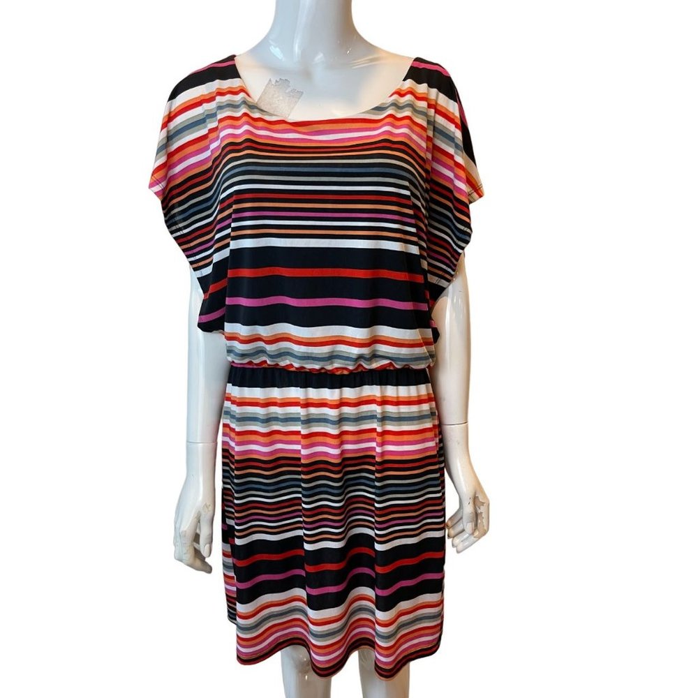 L8TER Women Striped Summer Mini Dress Dolman Sleeve Elastic Waist Red Black XL